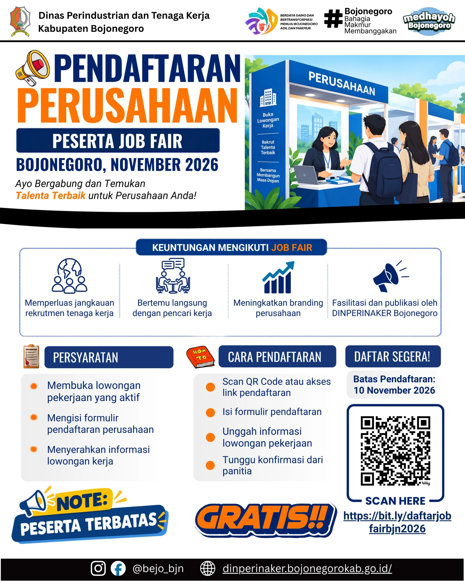 PENDAFTARAN BAGI PERUSAHAAN PESERTA JOB FAIR BOJONEGORO NOVEMBER 2026 TELAH DIBUKA!