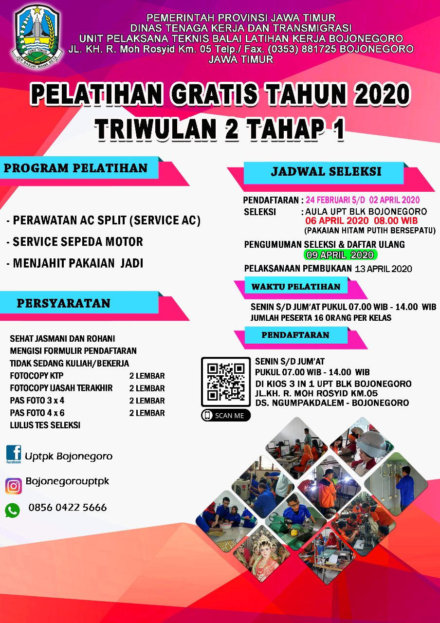 Pelatihan Gratis di UPT Pelatihan Kerja Kab. Bojonegoro Triwulan 2 Tahap 1 Tahun 2020