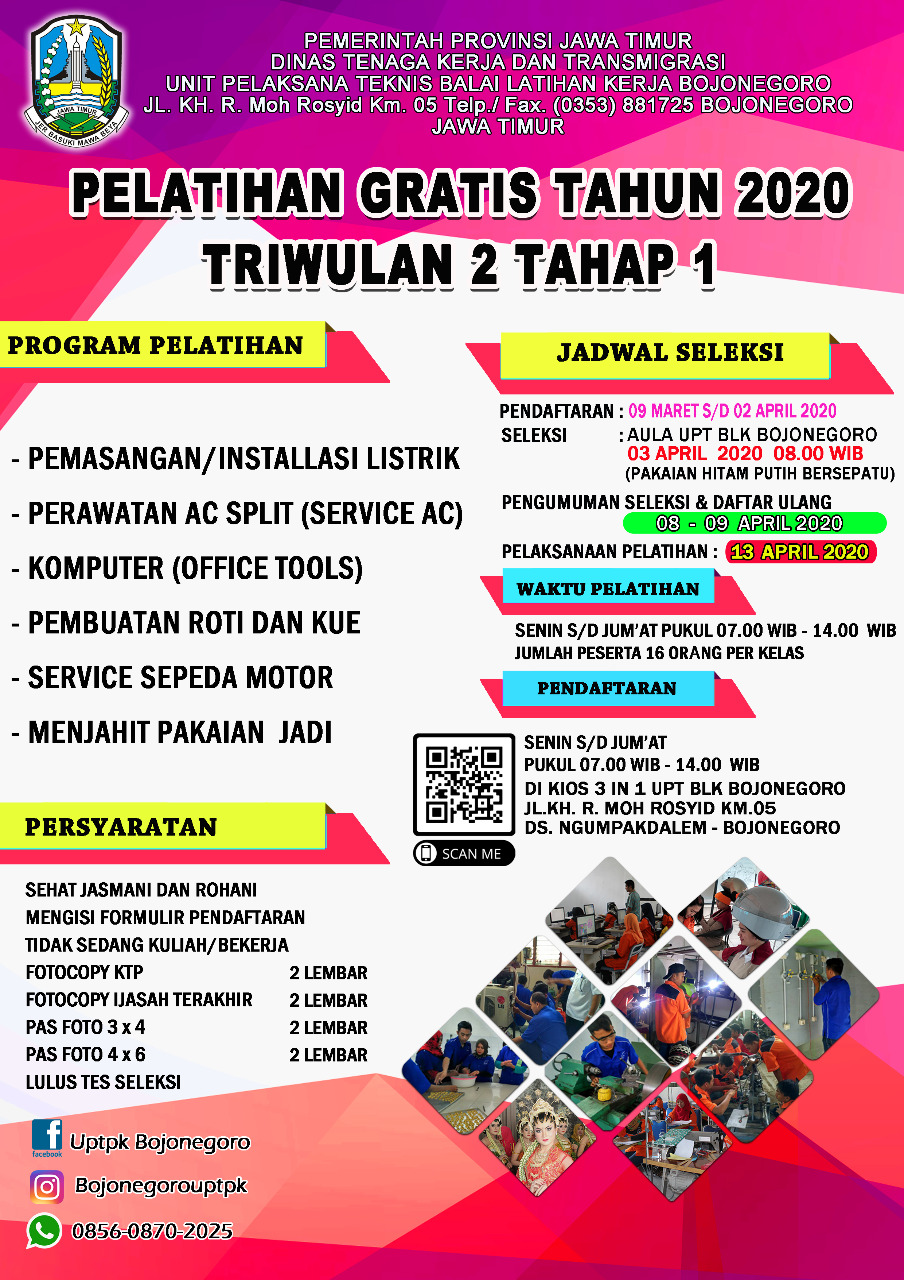Pelatihan Gratis di UPT Pelatihan Kerja Kab. Bojonegoro - Update 10 Maret 2020