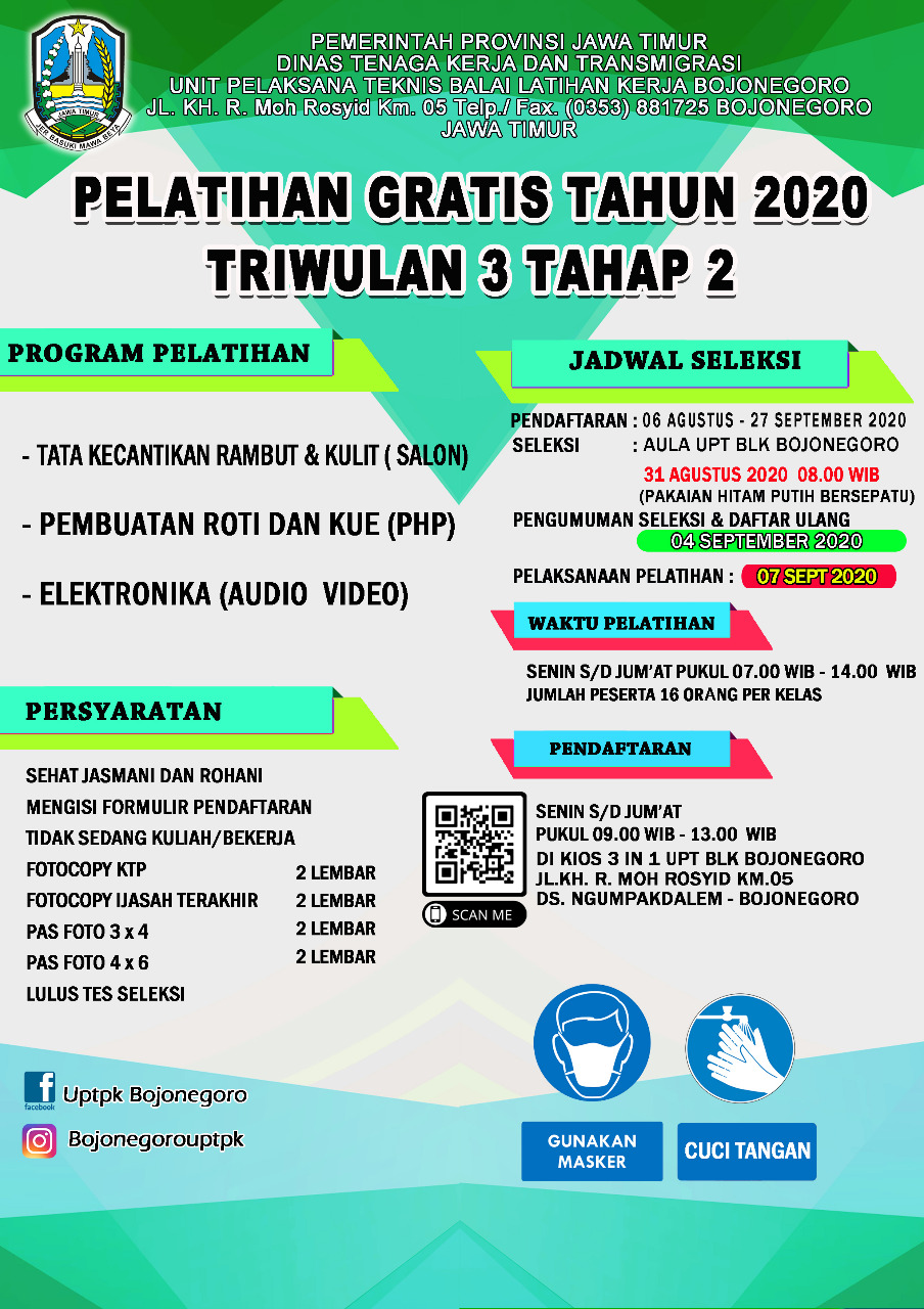 Pelatihan Gratis Tahun 2020 Triwulan III di BLK Kabupaten Bojonegoro