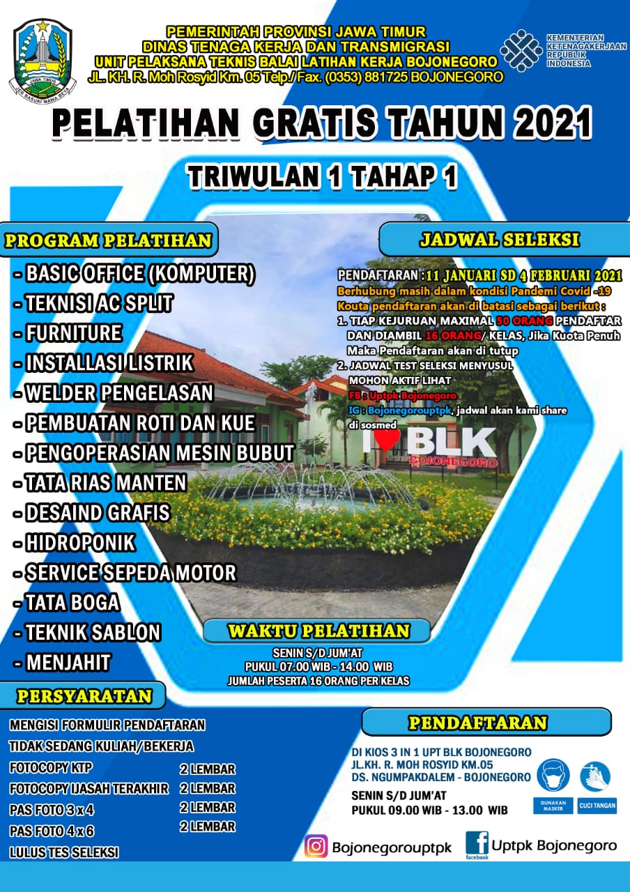 Pelatihan Gratis Tahun 2021 Triwulan I Tahap I di BLK Kabupaten Bojonegoro