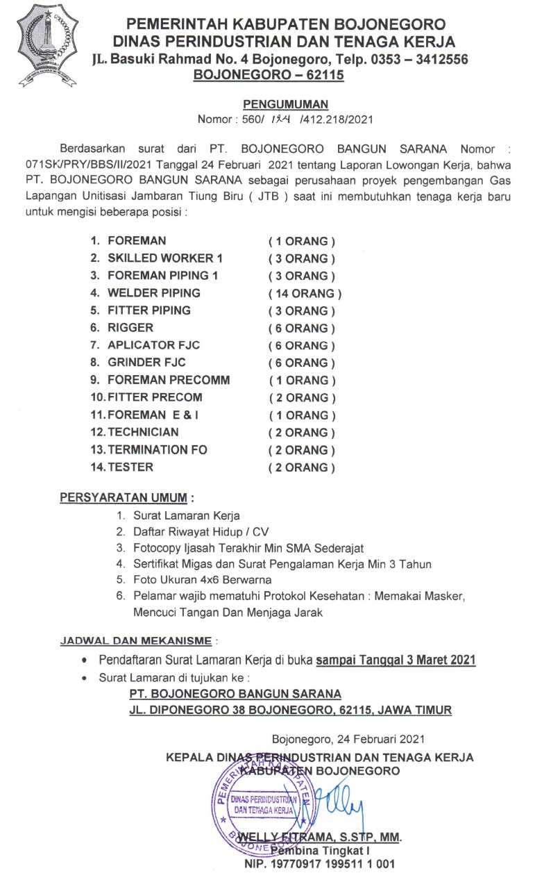 Lowongan Kerja PT Bojonegoro Bangun Sarana untuk Proyek JTB