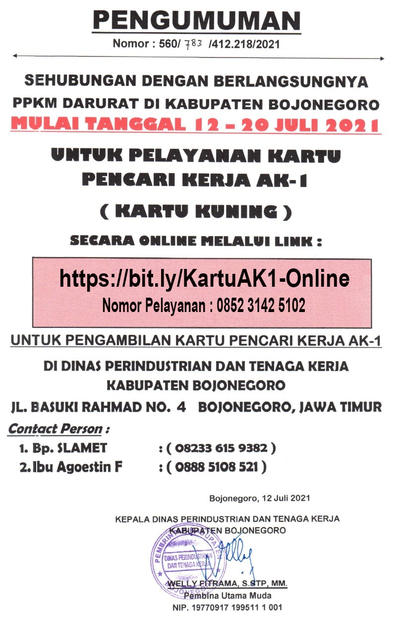 Dinas Perinakaer Terapkan Pelayanan AK-1 Secara Online saat PPKM Darurat di Bojonegoro