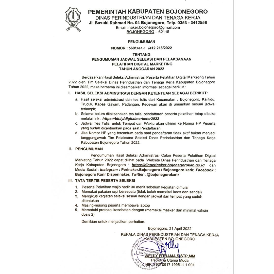 PENGUMUMAN PELATIHAN DIGITAL MARKETING TAHAP I