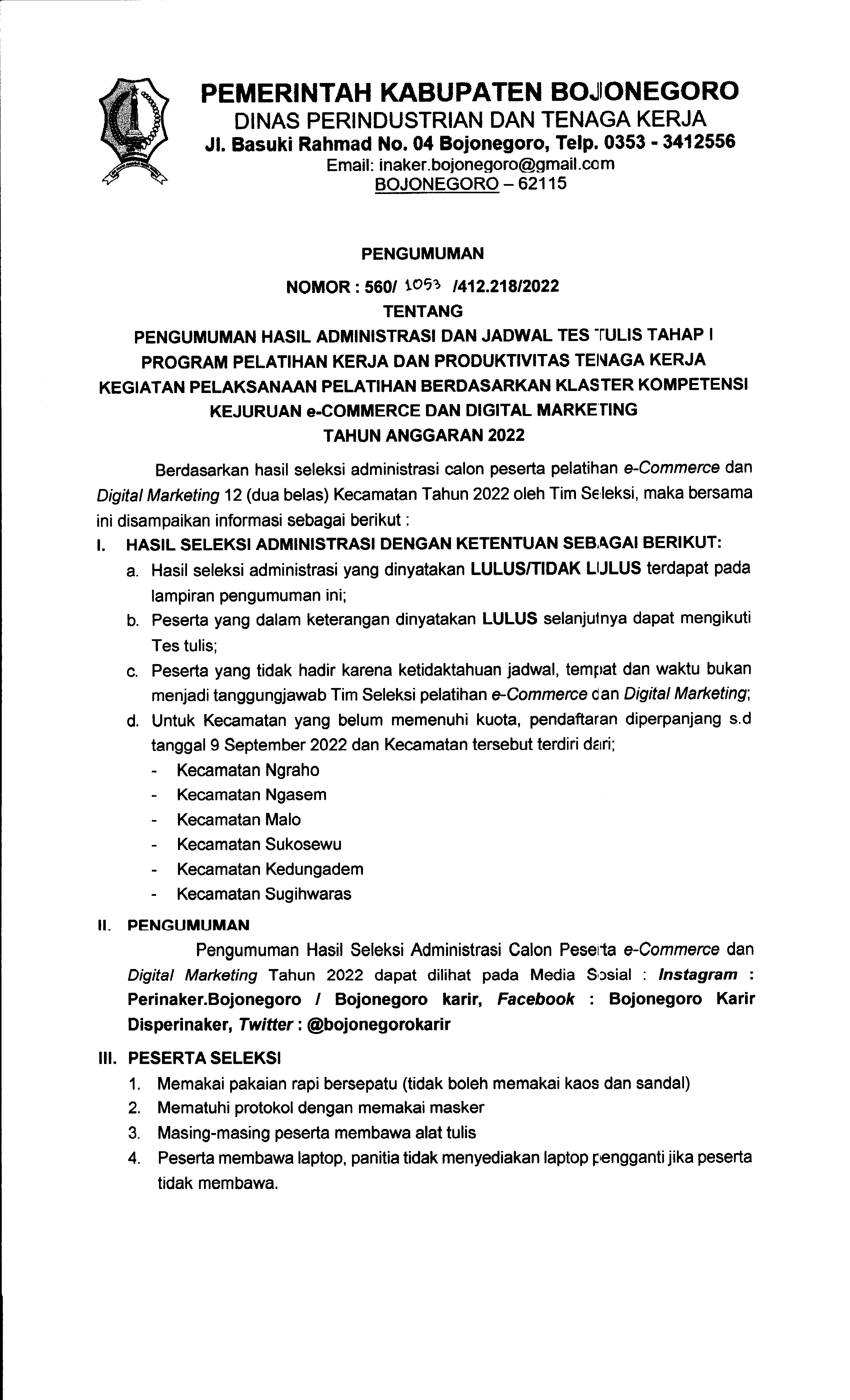 Pengumuman lulus atau tidak lulus seleksi administrasi  dan jadwal seleksi tulis pelatihan DM