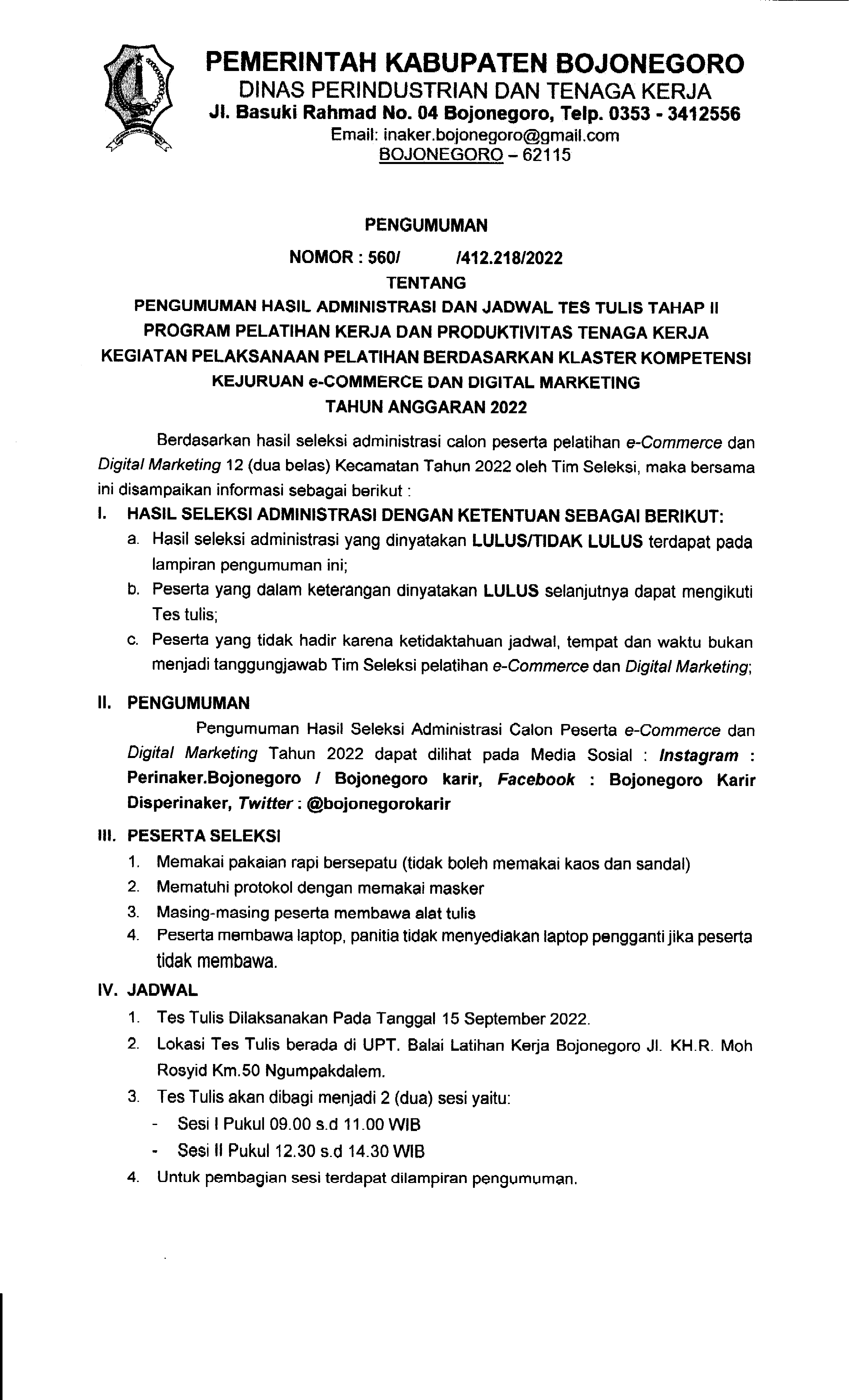 Pengumuman Seleksi Tulis Calon Peserta Pelatihan Digital Marketing Tahap II untuk Kecamatan Ngraho