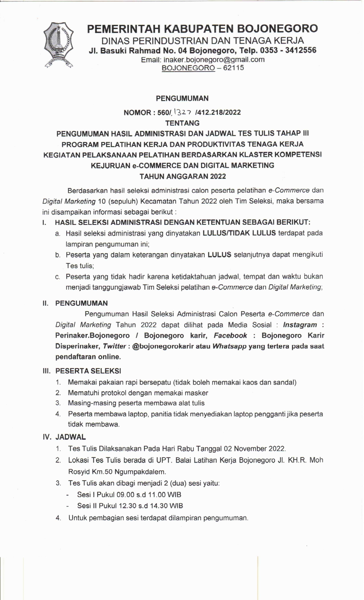 Pengumuman Hasil Administrasi dan Jadwal Tes Tulis Tahap III Kejuruan E-Commerce dan Digital Marketi