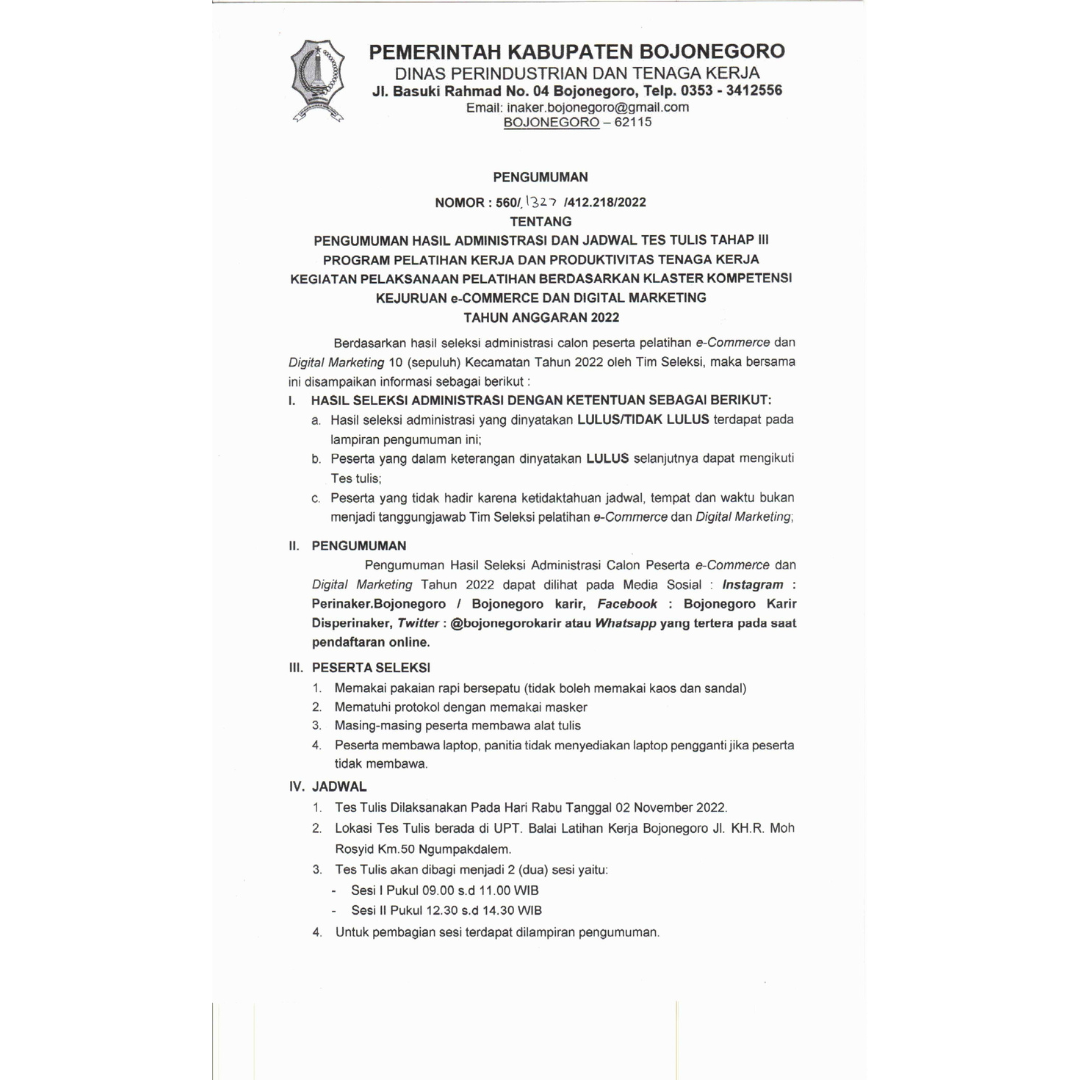 Pengumuman hasil Administrasi Pelatihan Digital Marketing tahap III