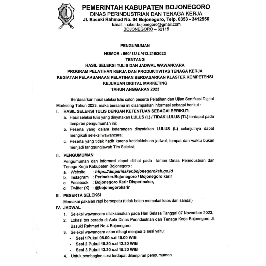 PENGUMUMAN HASIL SELEKSI TULIS PELATIHAN DIGITAL MARKETING