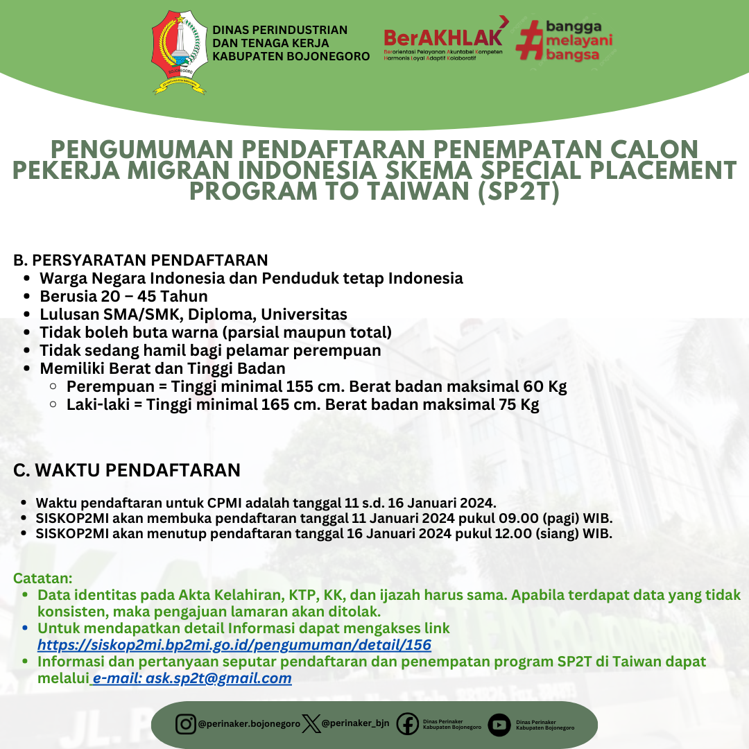 Informasi Peluang Kerja Special Placement Program to Taiwan (SP2T) Tahun 2024 Gelombang I.