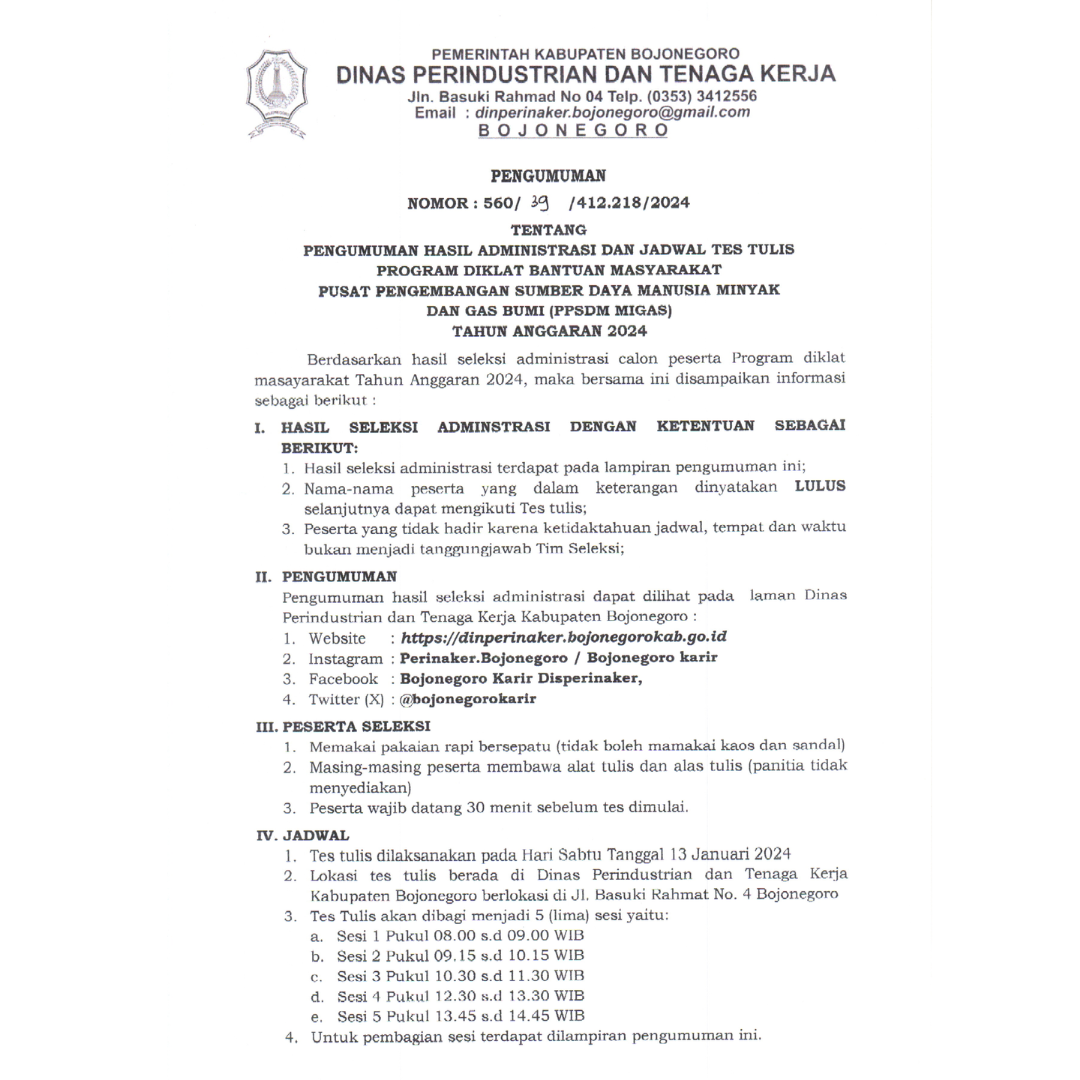 Pengumuman Tes Diklat Masyarakat 2024