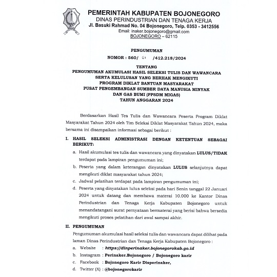 Pengumuman akumulasi hasil seleksi tes tulis dan wawancara serta kelulusan Diklat PPSDM 2024