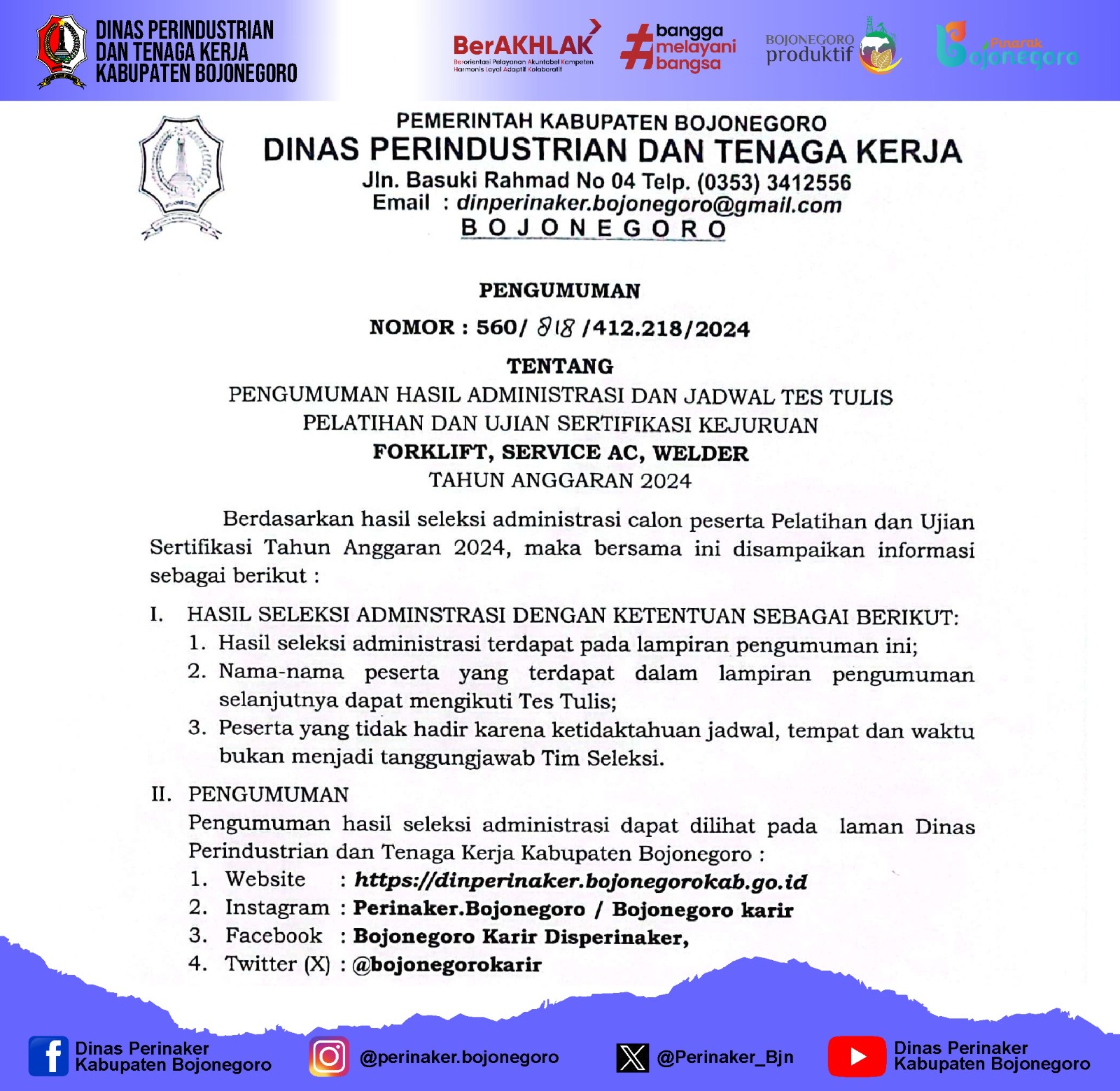 Pengumuman Adinistrasi dan Tes Tulis Pelatihan dan Uji Sertifikasi TA 2024