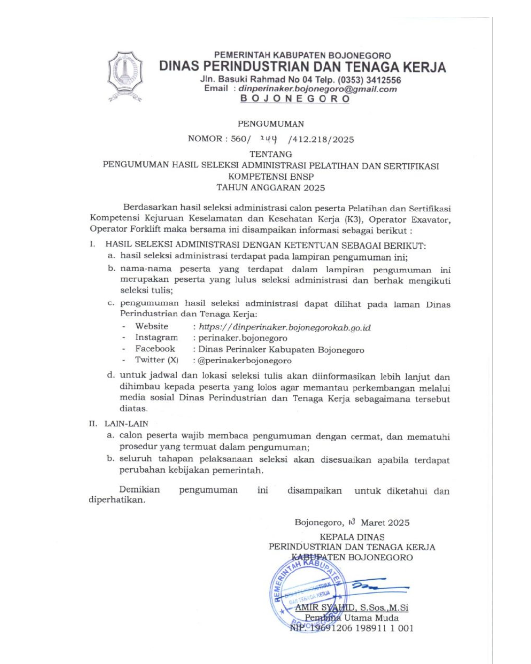 Hasil Seleksi administrasi Pelatihan