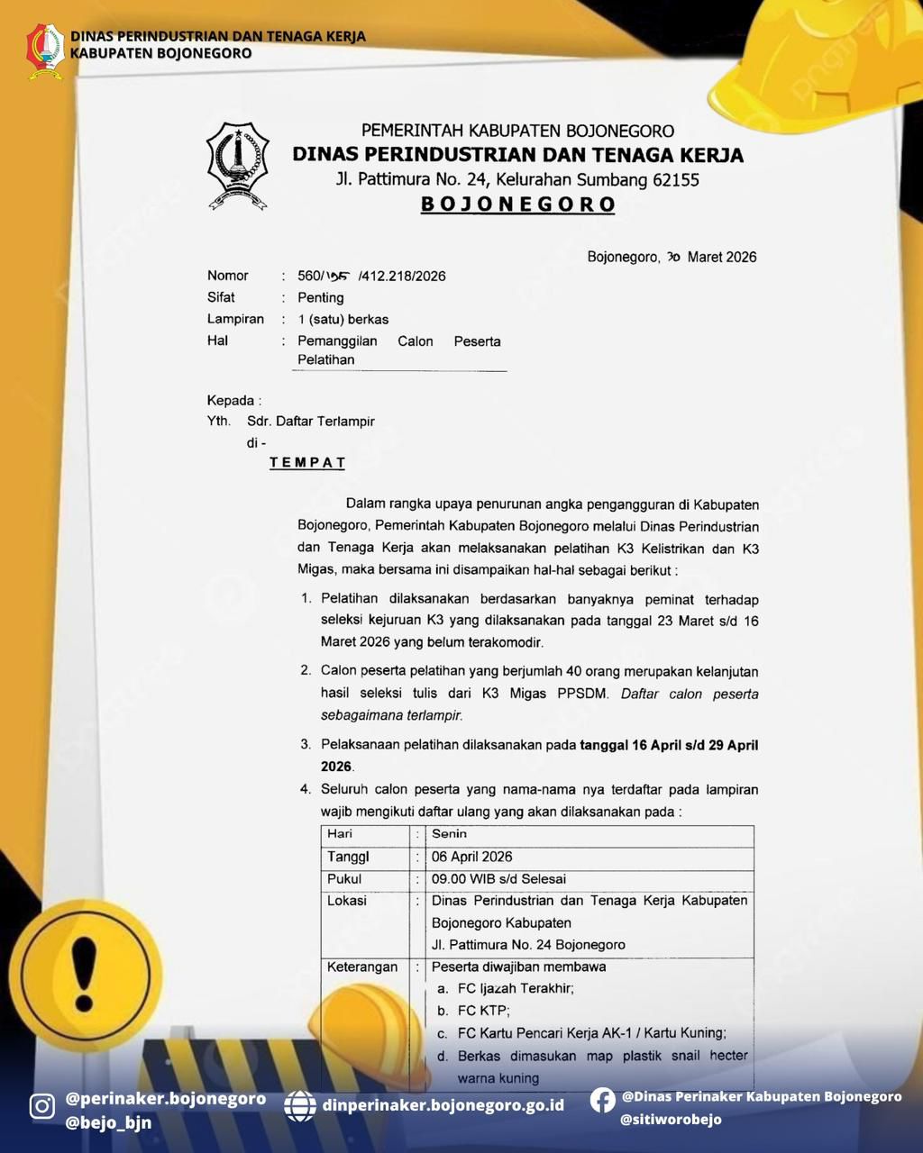Pemanggilan Pelatihan K3