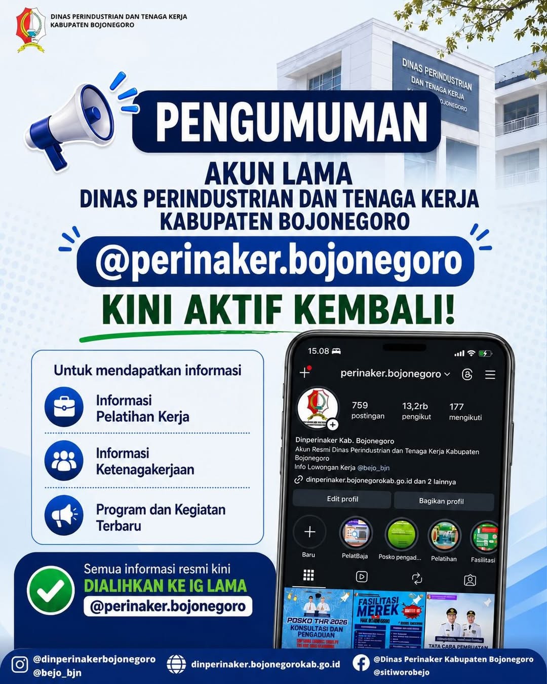 Akun Instagram @perinaker.bojonegoro kini aktif kembali