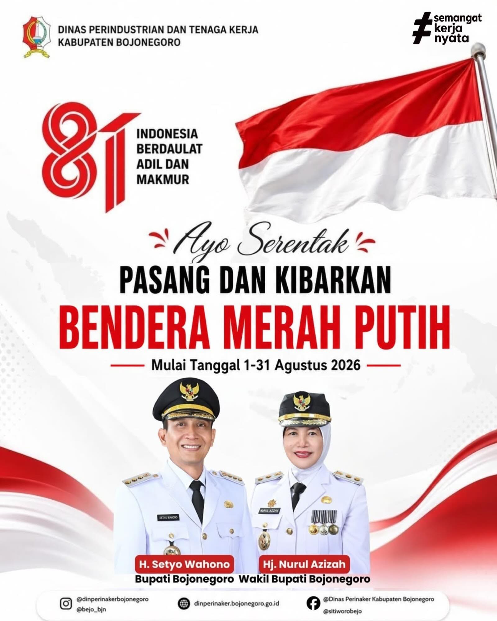 Ayo pasang dan kibarkan Bendera Merah Putih serentak 1–31 Agustus 2026