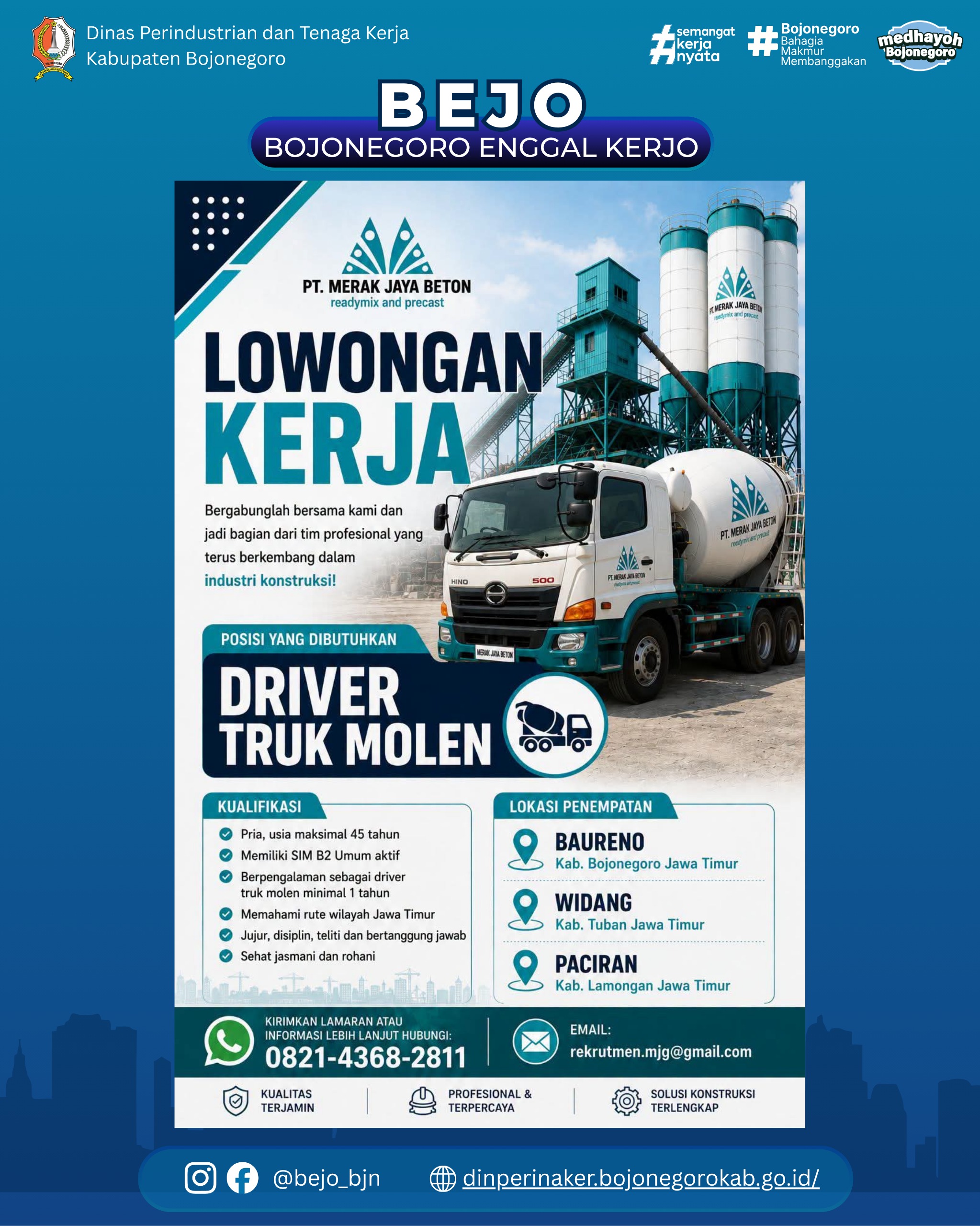 LOWONGAN KERJA TERBARU – PT. Merak Jaya Beton