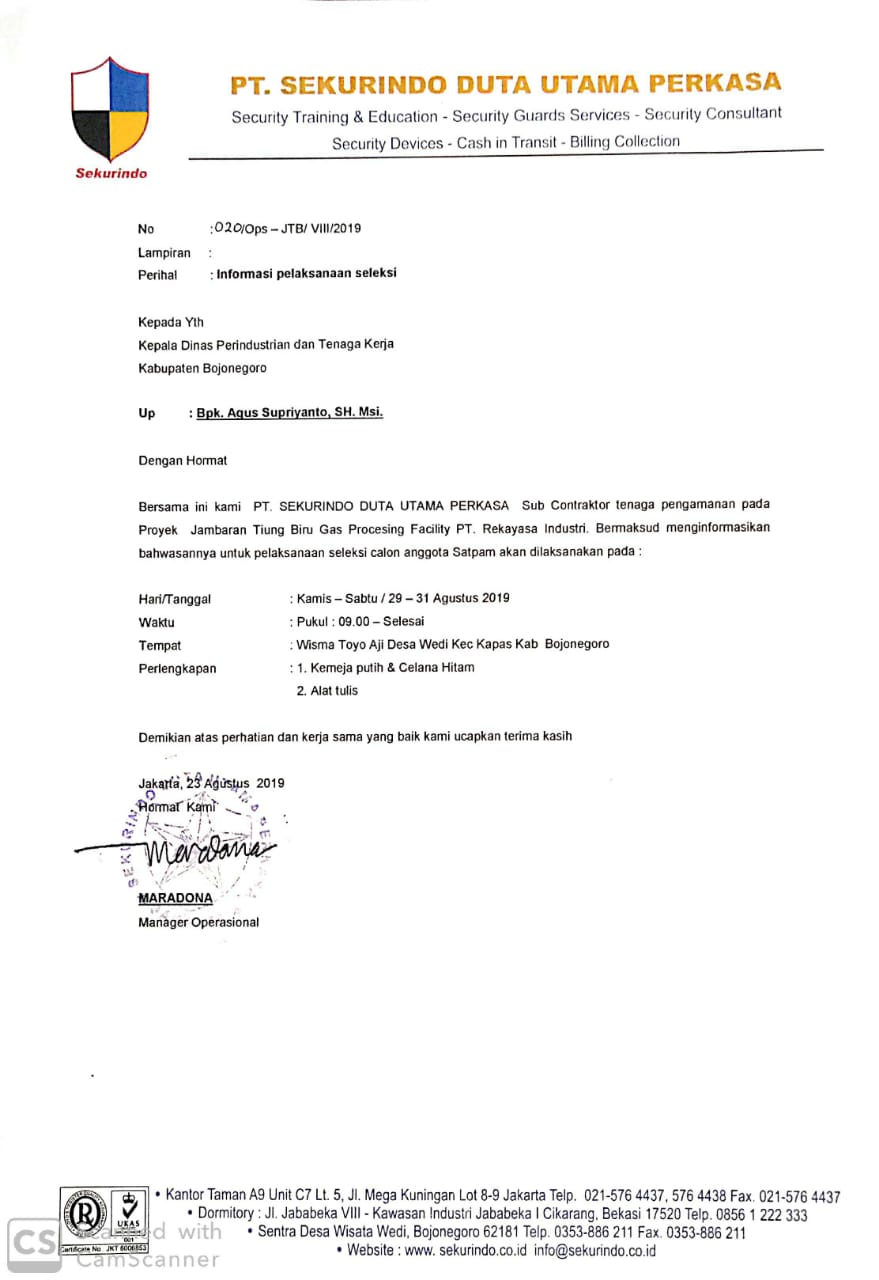 Jadwal Seleksi PT. SEKURINDO DUTA UTAMA PERKASA